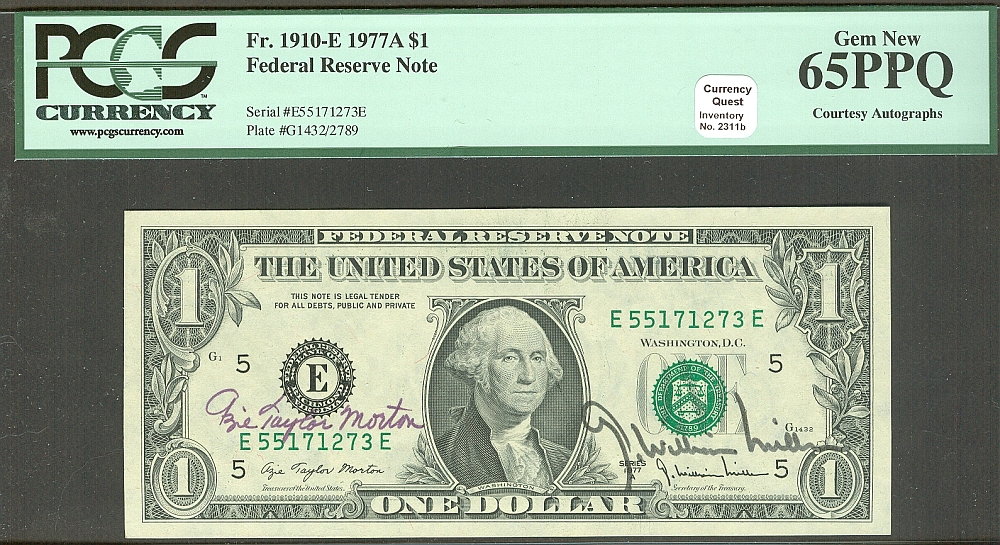 Fr.1910-E, 1977A $1 FRN, Double Autographs: Azie Taylor Morton - William Miller, Gem CU, PCGS65-PPQ